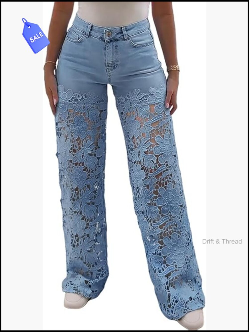 High Waist Lace Spliced Wide Leg Stretchy Zipper Jeans